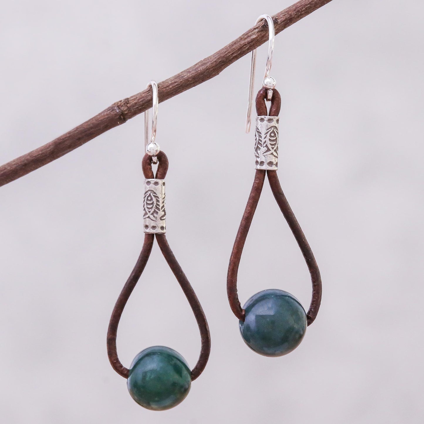 Karen Culture Hill Tribe Green Agate and Leather Dangle Earrings