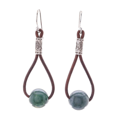 Karen Culture Hill Tribe Green Agate and Leather Dangle Earrings