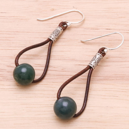 Karen Culture Hill Tribe Green Agate and Leather Dangle Earrings