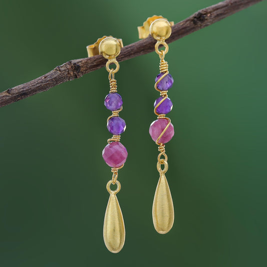 Aria Gold Plated Tourmaline and Amethyst Dangle Earrings