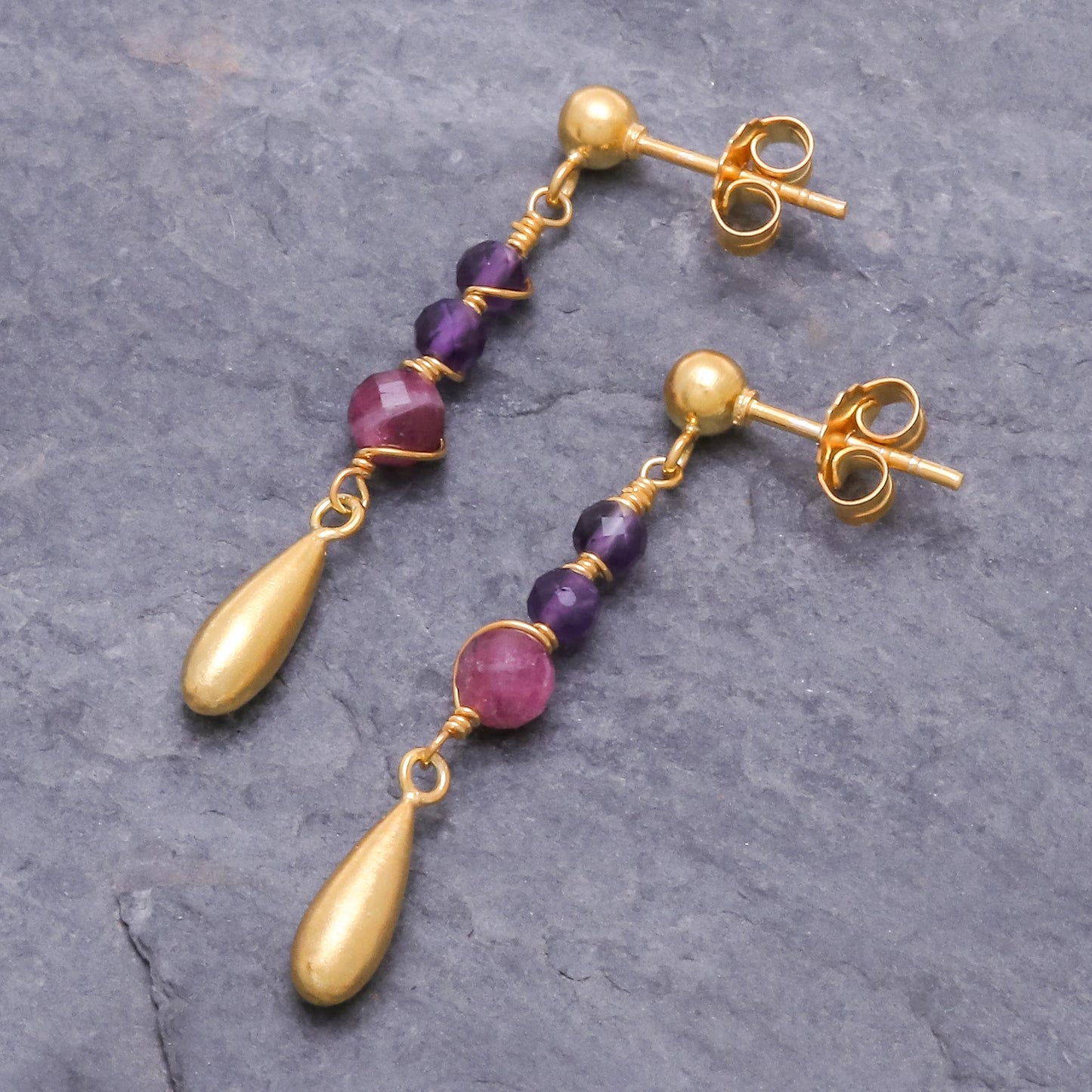 Aria Gold Plated Tourmaline and Amethyst Dangle Earrings