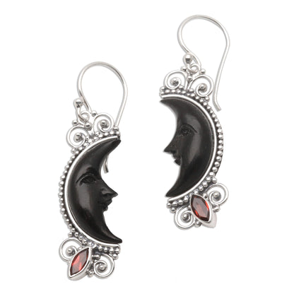 Dark Crescent Moon Silver and Garnet Moon Earrings with Water Buffalo Horn