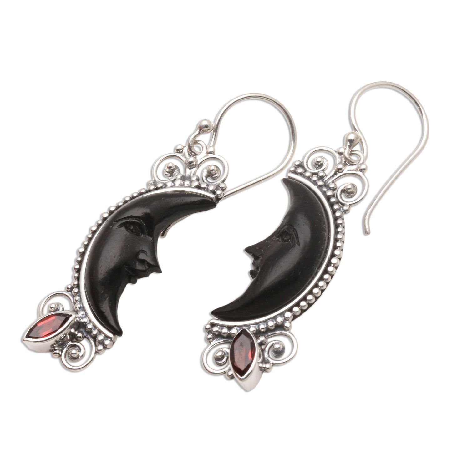 Dark Crescent Moon Silver and Garnet Moon Earrings with Water Buffalo Horn