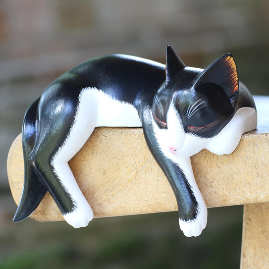 Tuxedo Catnap Balinese Signed Hand-Carved Sleeping Tuxedo Cat Sculpture