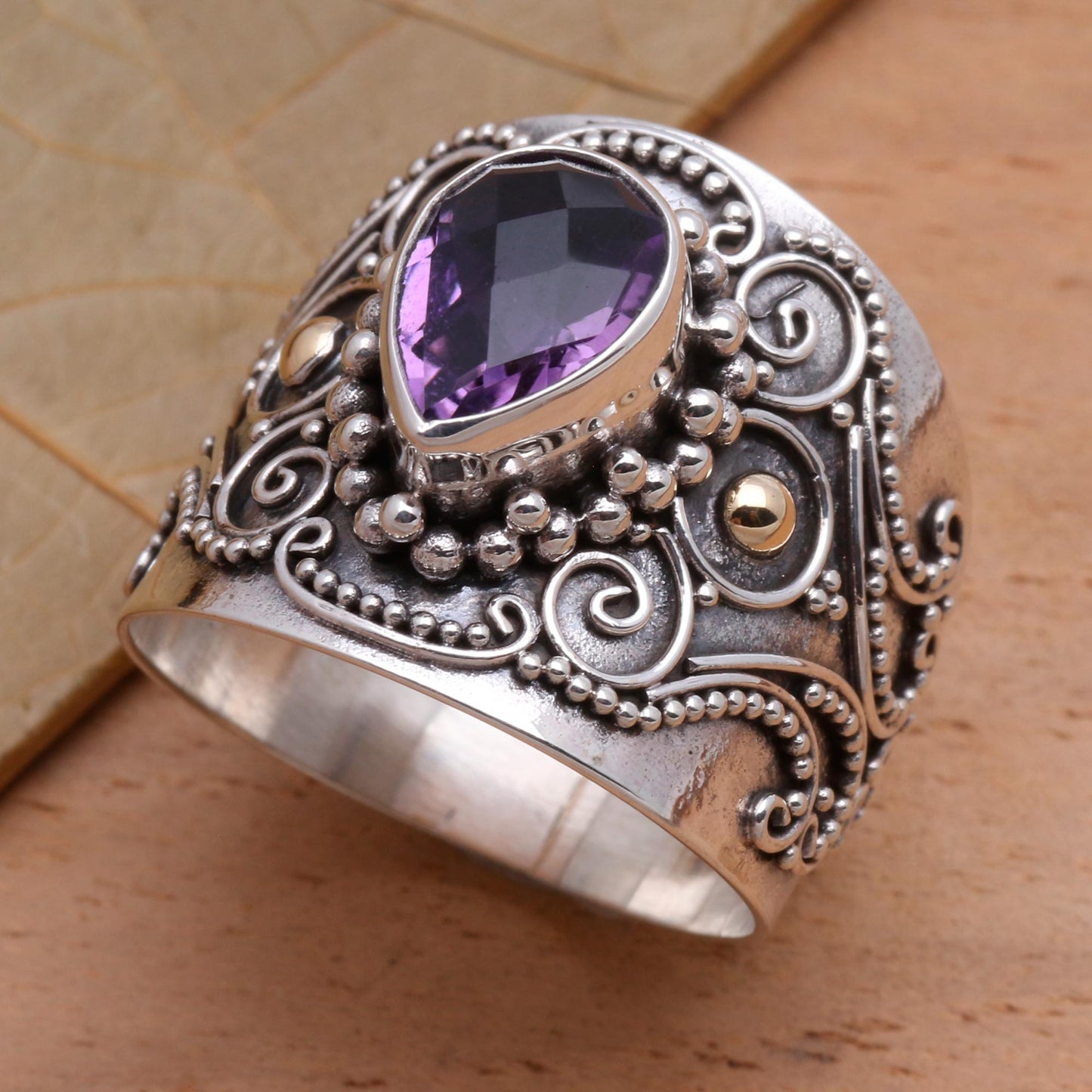 Checkerboard Teardrop Ornate Balinese Silver and Amethyst Ring with Gold Accents