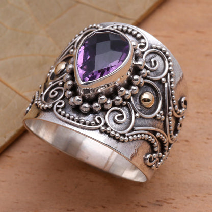 Checkerboard Teardrop Ornate Balinese Silver and Amethyst Ring with Gold Accents