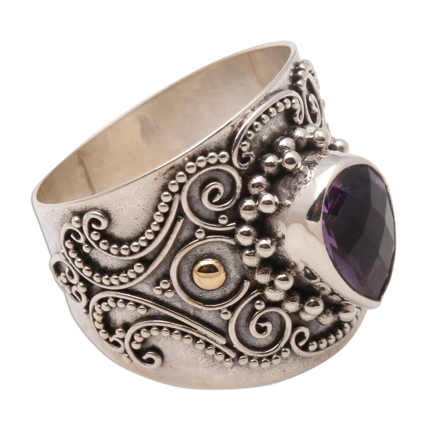 Checkerboard Teardrop Ornate Balinese Silver and Amethyst Ring with Gold Accents