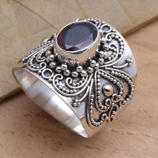 Oval Crimson Glow Balinese Silver and Oval Garnet Ring with Gold Accents