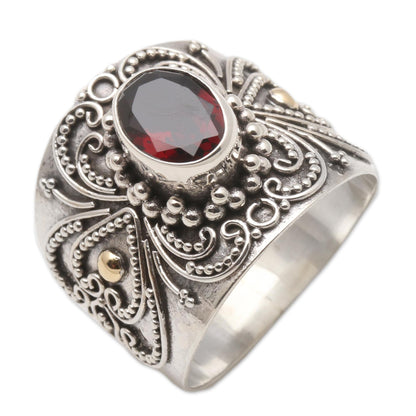 Oval Crimson Glow Balinese Silver and Oval Garnet Ring with Gold Accents
