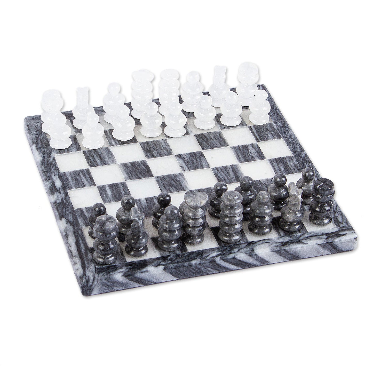 White and Ash Mexican White Onyx and Charcoal Grey Marble Mini Chess Set