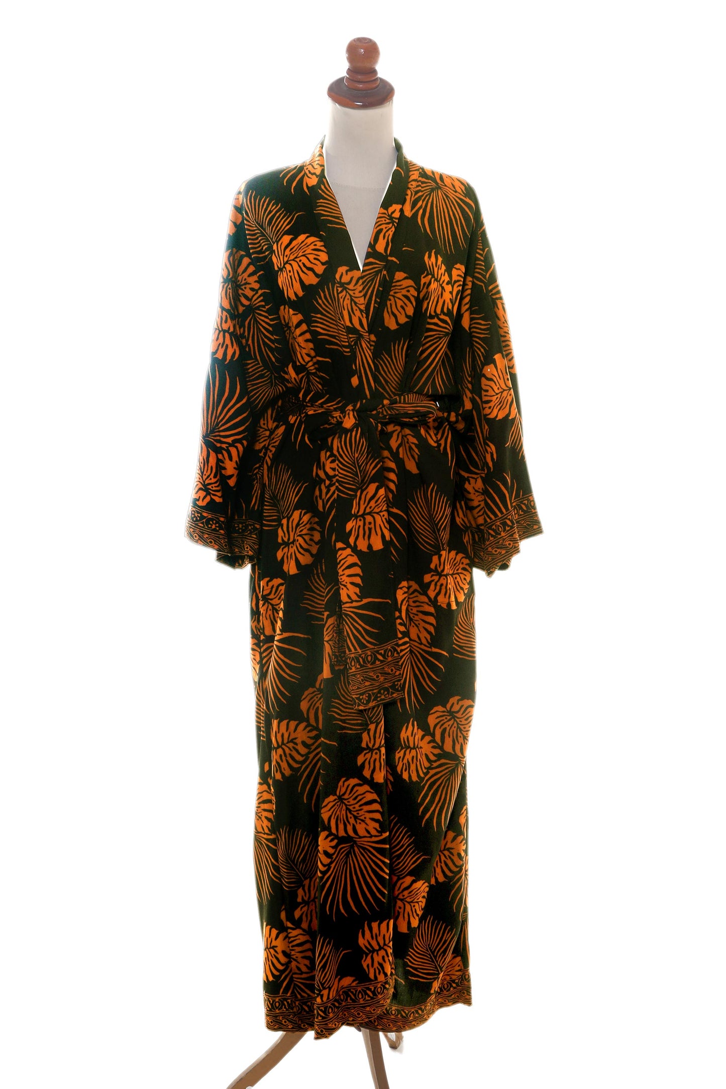 Tropical Leaves Hand Stamped Black and Spice Rayon Long Robe from Bali