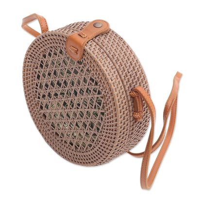 Brown Trellis Round Woven Bamboo Shoulder Bag in Brown