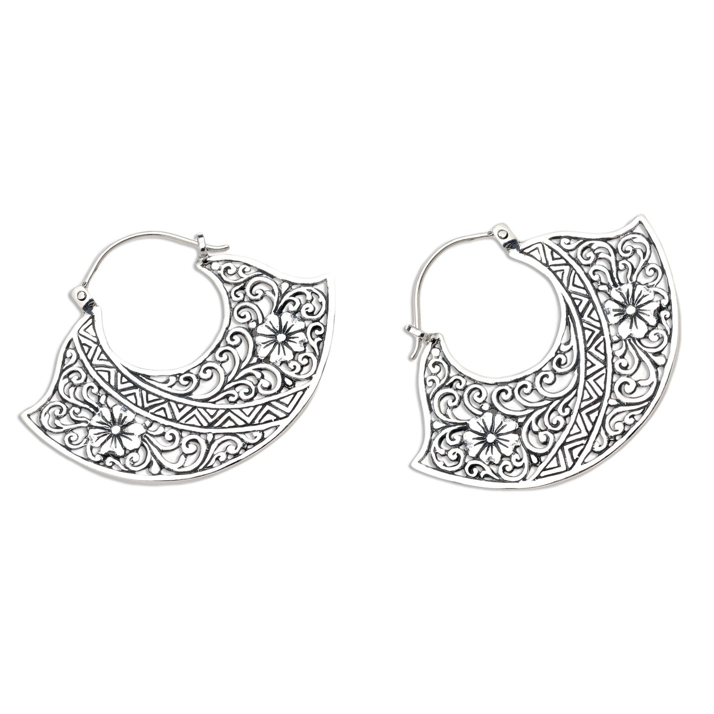 Cape of Flowers Sterling Silver Floral Hoop Earrings from Bali