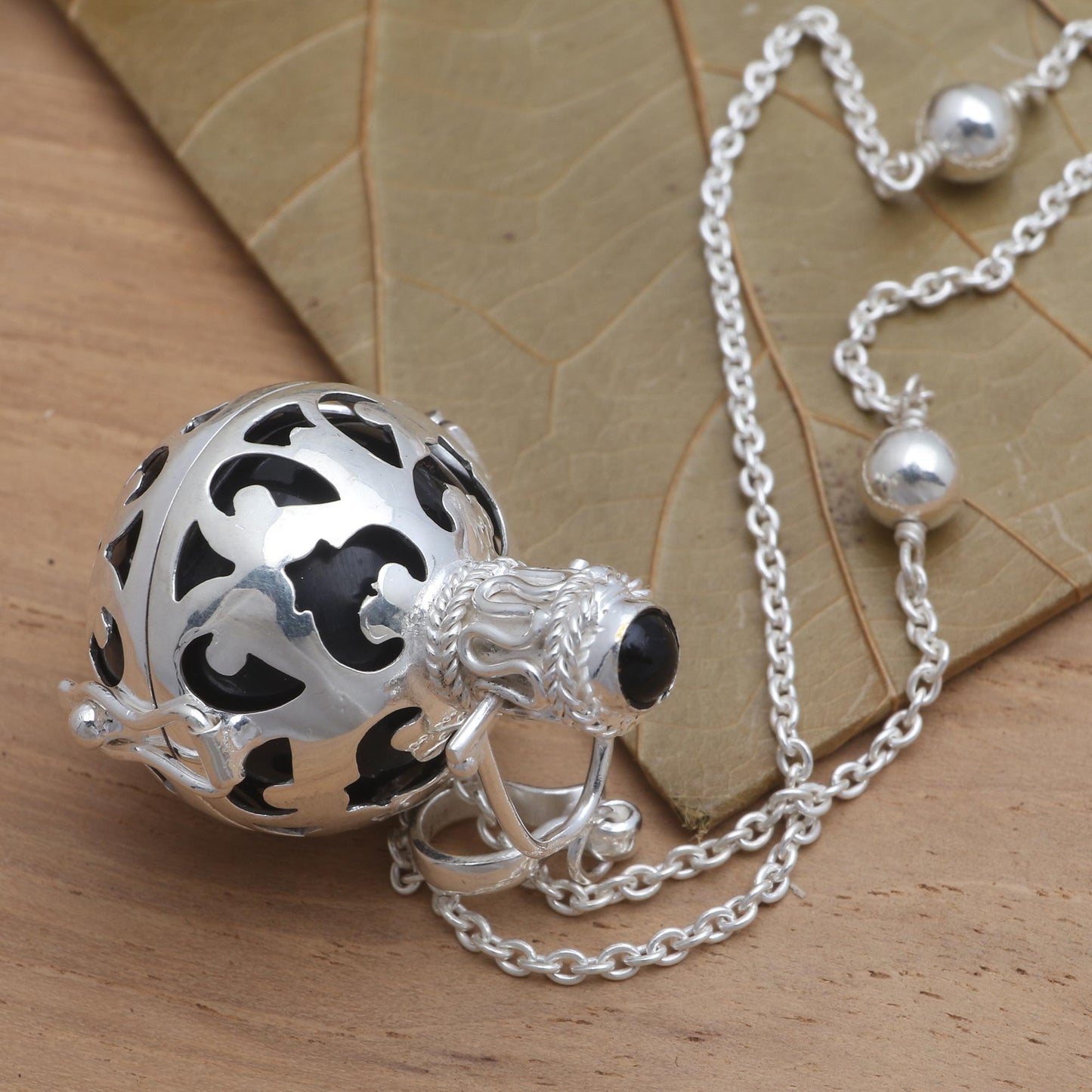 Happy Chime Silver and Black Enamel Harmony Ball Necklace with Onyx