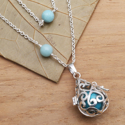 Blue Lace Angel Chime Silver Amazonite and Blue Enamel Harmony Ball Necklace