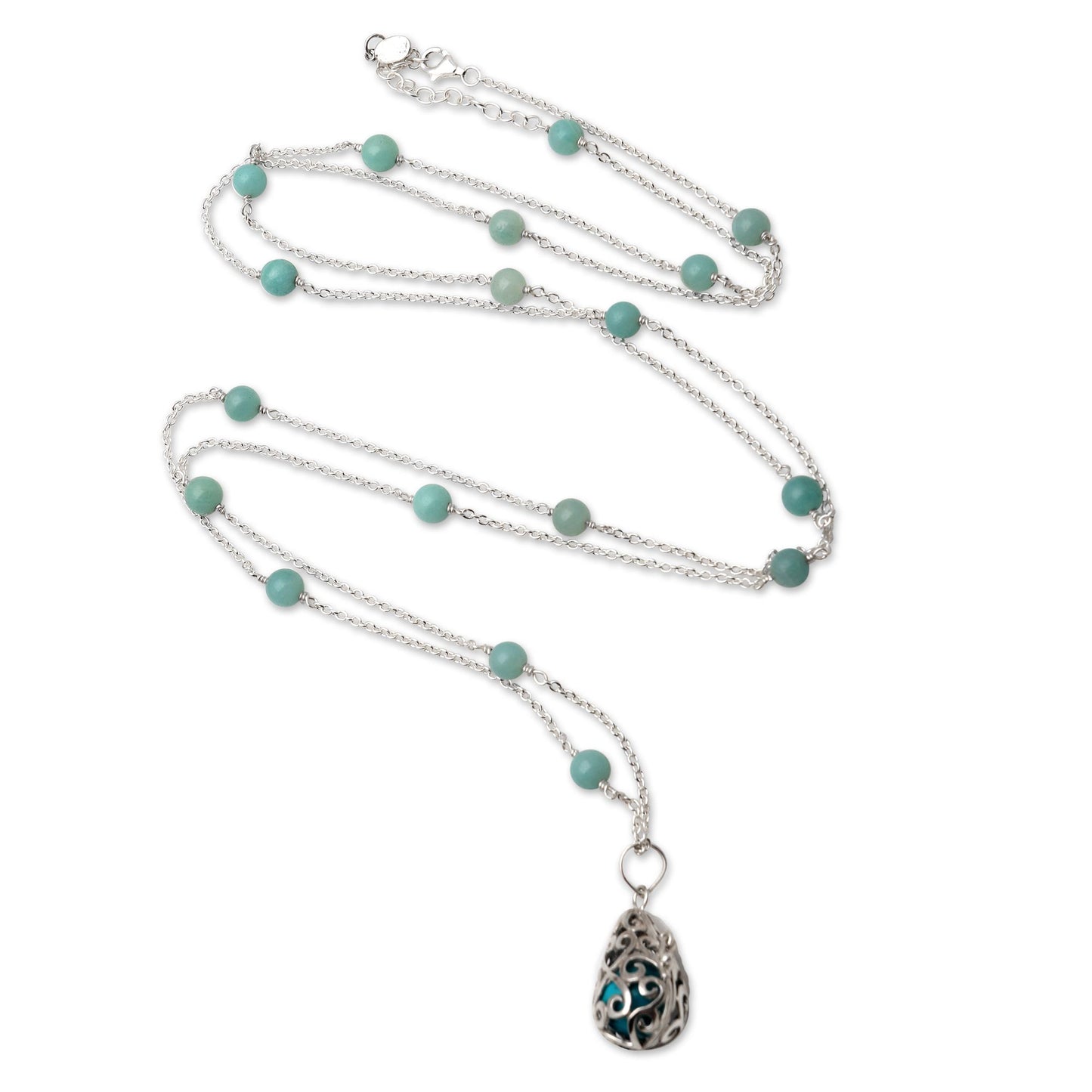 Blue Lace Angel Chime Silver Amazonite and Blue Enamel Harmony Ball Necklace