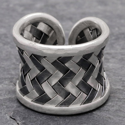 Dark Path Matte and Oxidized Woven Silver Band Ring