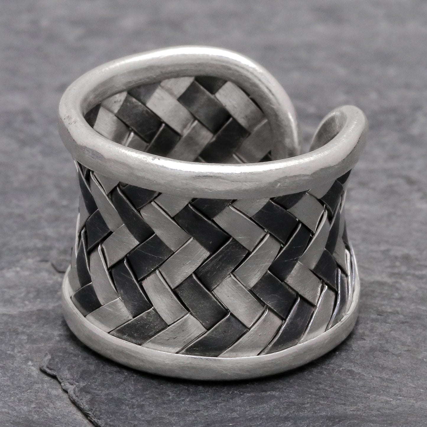 Dark Path Matte and Oxidized Woven Silver Band Ring