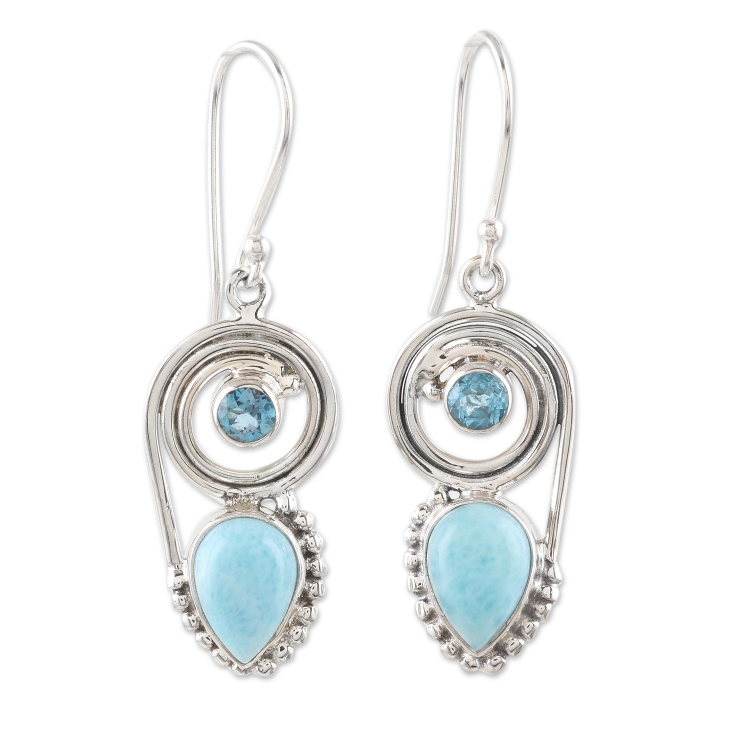 Wondrous Coil Dangle Earrings with Larimar and Blue Topaz