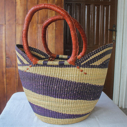 Bawku Blue-Violet Artisan Crafted Purple Striped Raffia Basket Tote Bag