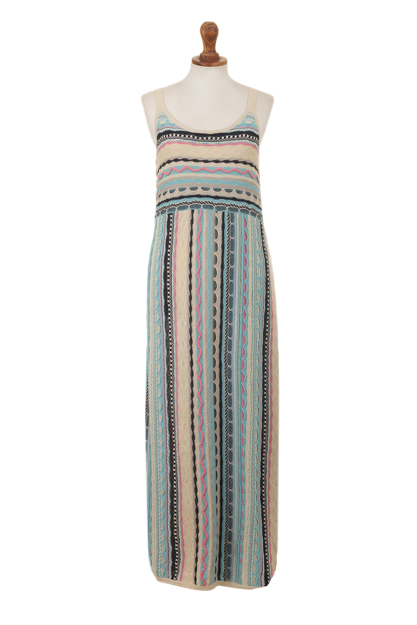 Bohemian Princess Cotton Knit Maxi Dress in Ivory and Pastel Stripes