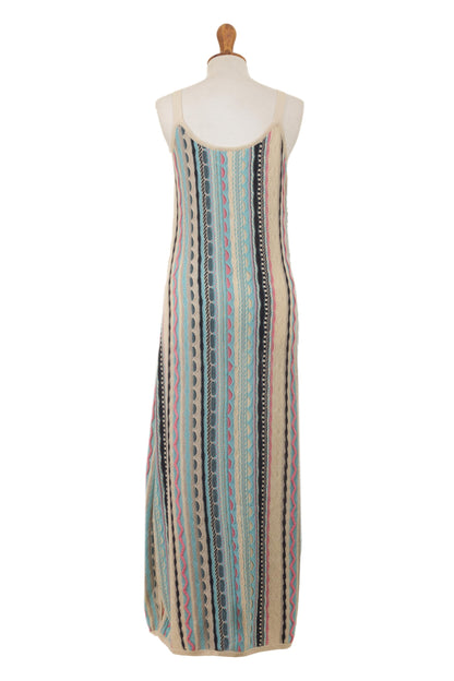 Bohemian Princess Cotton Knit Maxi Dress in Ivory and Pastel Stripes