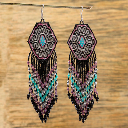 Pink Extravaganza Huichol Beadwork Long Earrings in Black-Pink-Mint