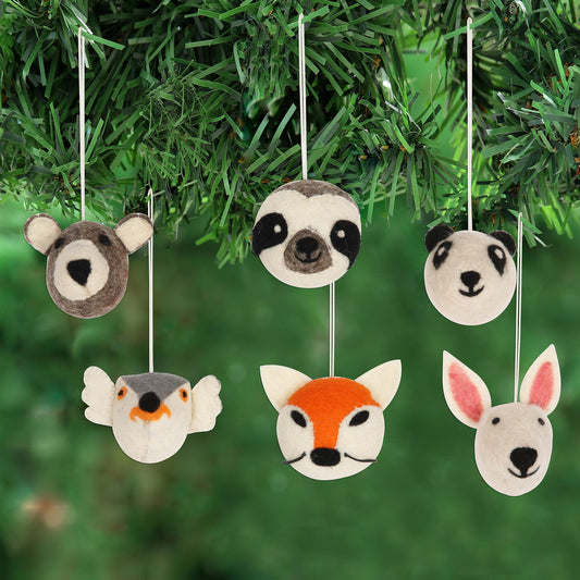 Happy Animals Hand Crafted Animal Face Wool Felt Ornaments (Set of 6)