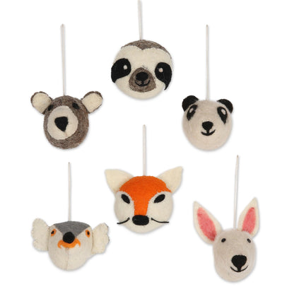 Happy Animals Hand Crafted Animal Face Wool Felt Ornaments (Set of 6)