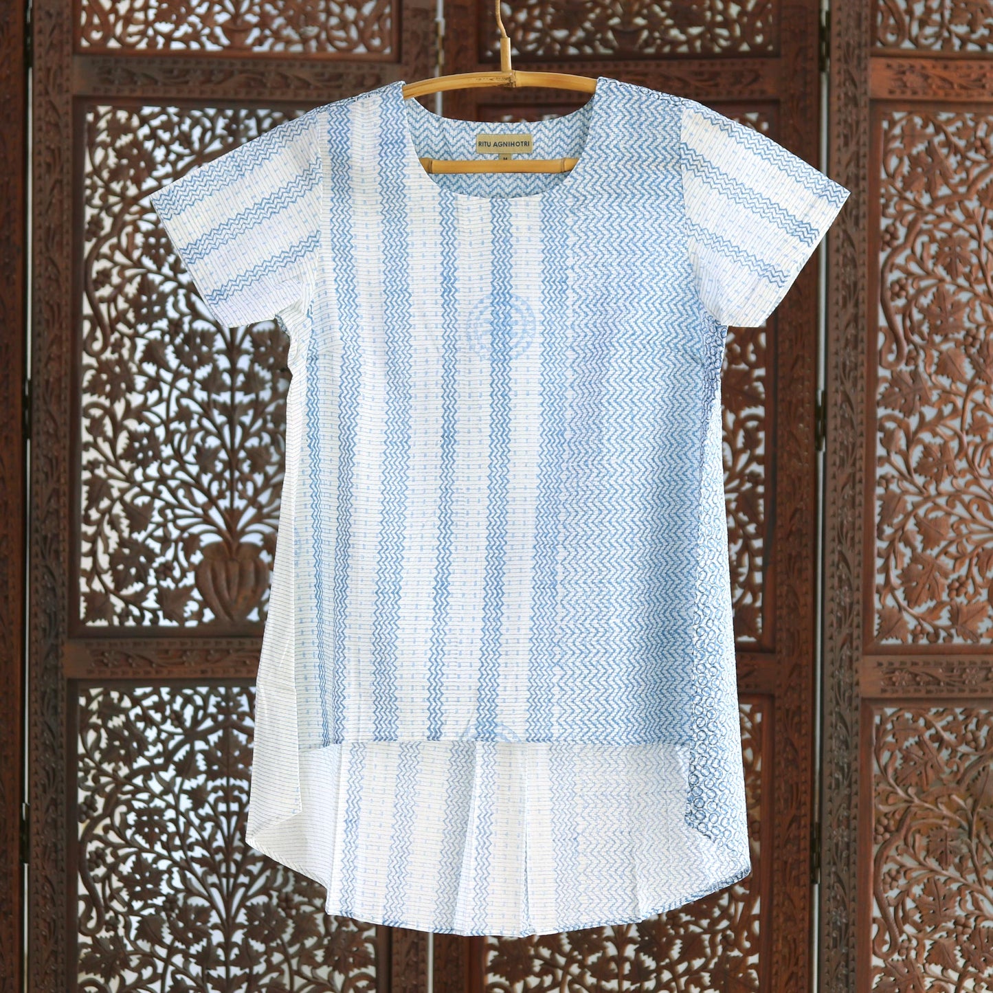 Waves of Blue Block Printed White Cotton Top with Light Blue Stripe Detail