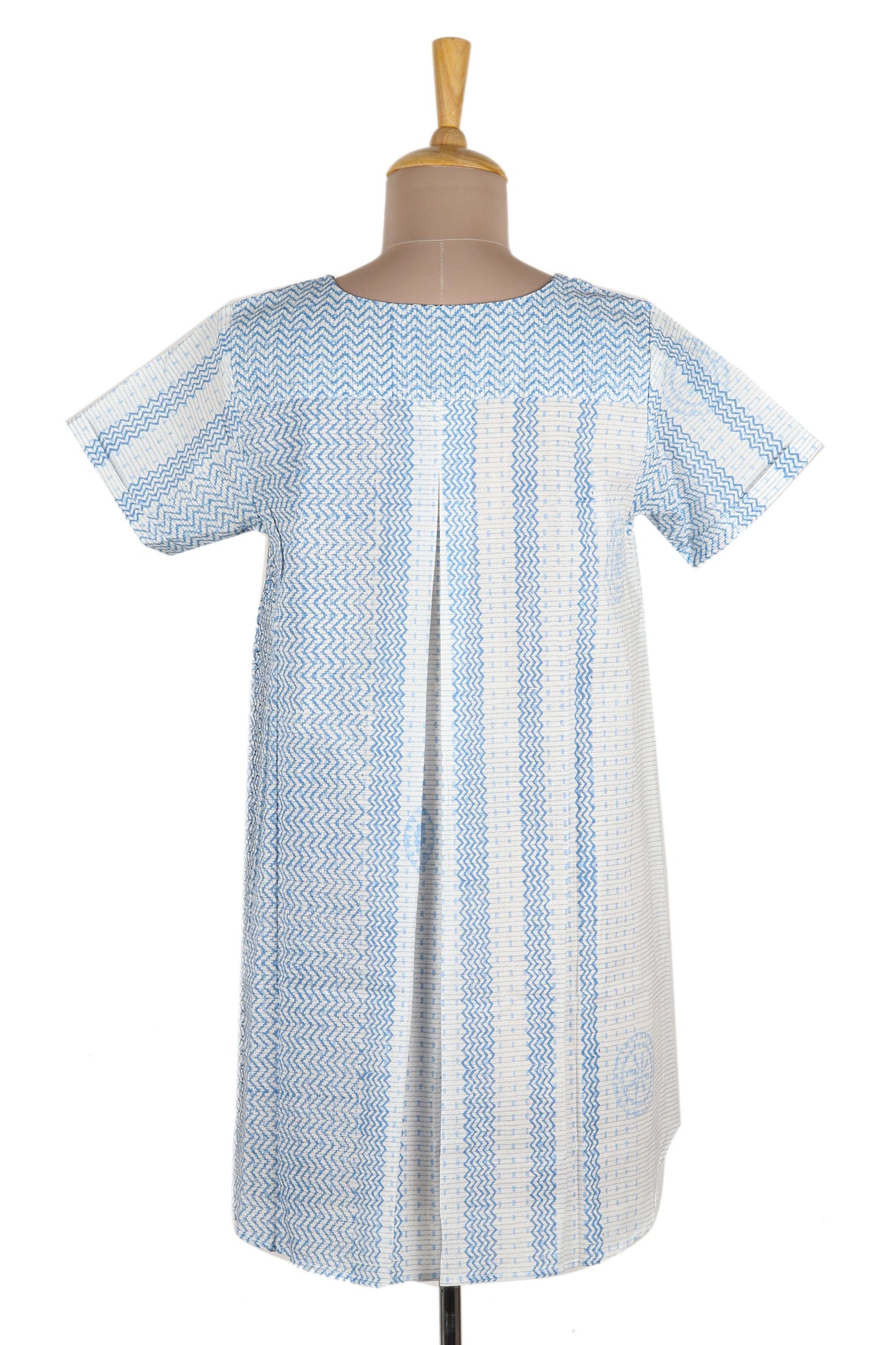 Waves of Blue Block Printed White Cotton Top with Light Blue Stripe Detail