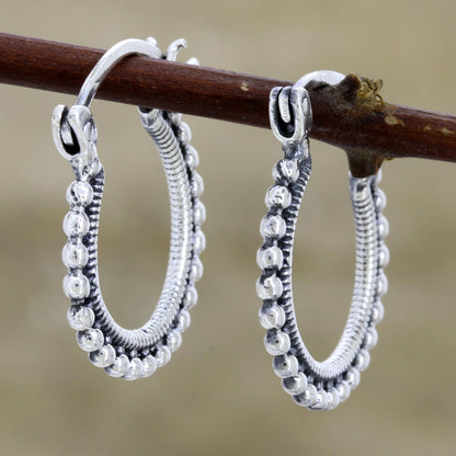 Brightly Shining Beaded Sterling Silver Hoops from India