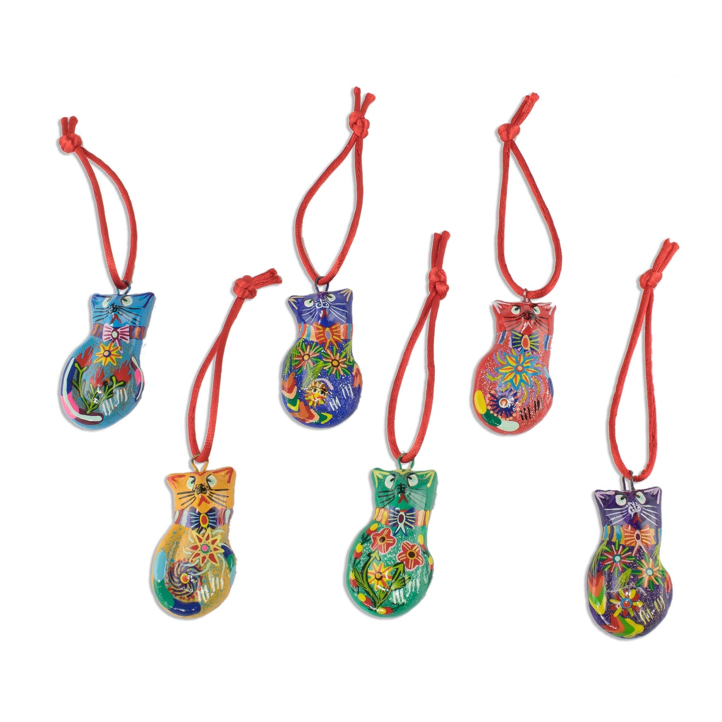 Festive Cats Festive Hand Painted Ceramic Cat Ornaments (Set of 6)