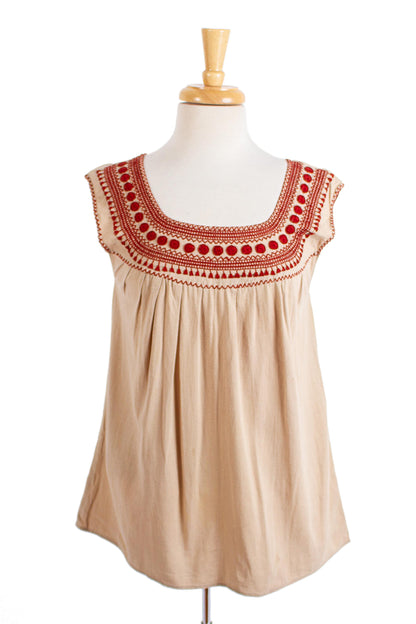 San Cristobal Tradition Beige Cotton Blouse with Traditional Red Embroidery