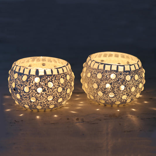 Starlit Night Handmade Tealight Candleholders with Glass Mosaic (Pair)