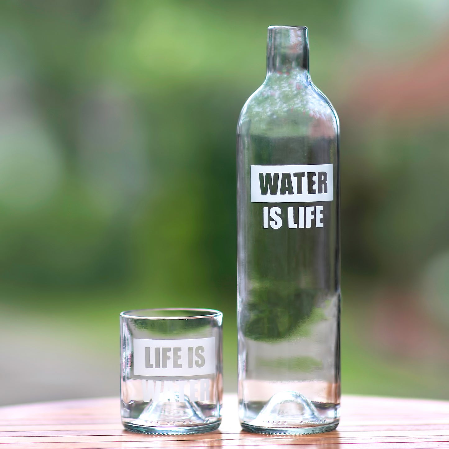 Water is Life Upcycled Bottle Carafe and Glass Set Crafted in Bali