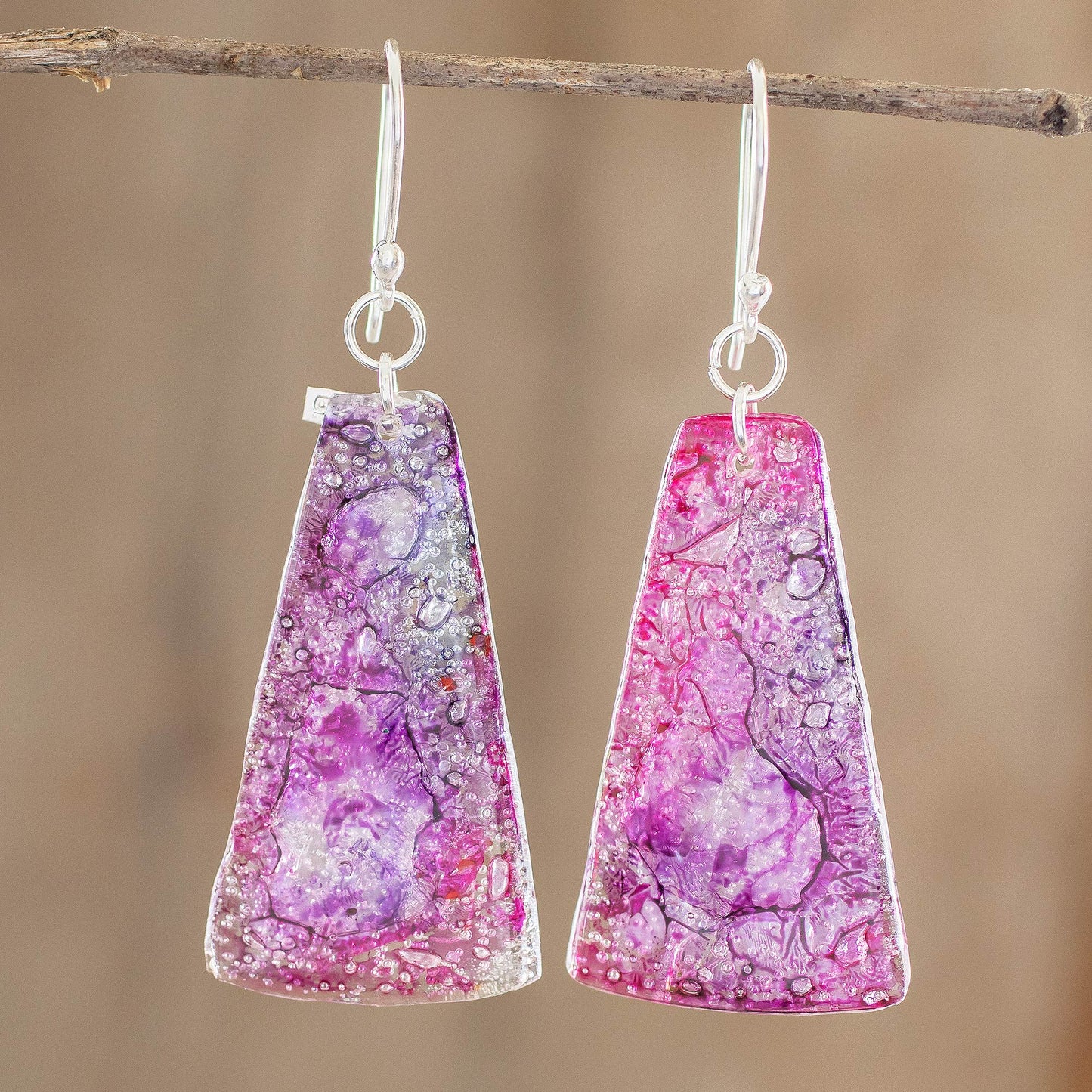 Orchid Polygons Recycled CD Dangle Earrings in Pink and Purple