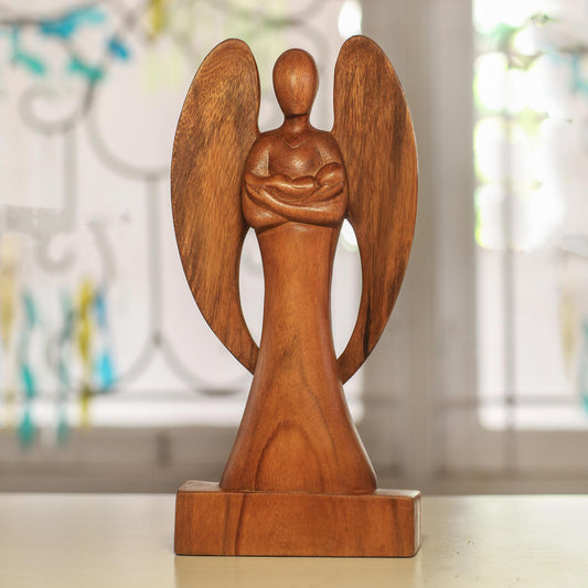 Guardian Angel Hand Carved Wood Angel and Baby Sculpture