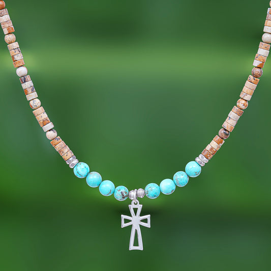 Earthy Cross Multi-Gemstone Beaded Cross Pendant Necklace