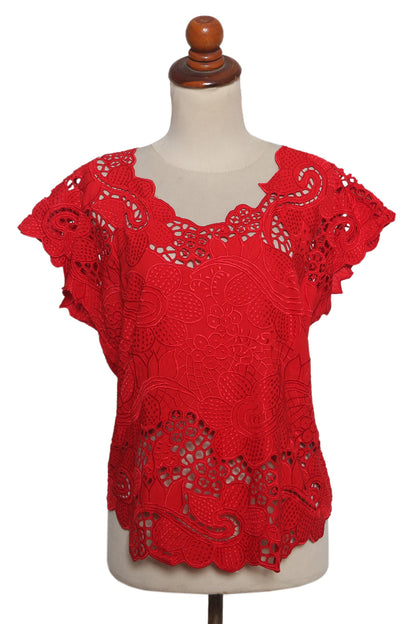 Rose Mallow in Red Red Floral Openwork and Embroidered Rayon Top