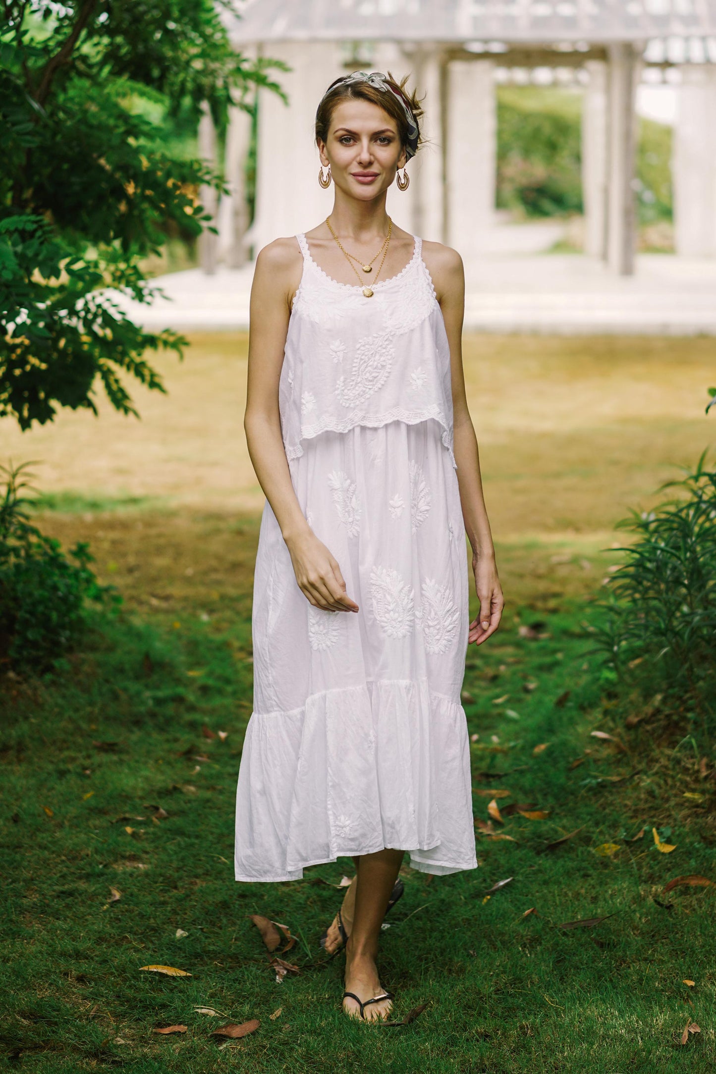 Summer Paisley in White White Embroidered Cotton Sundress with Spaghetti Straps