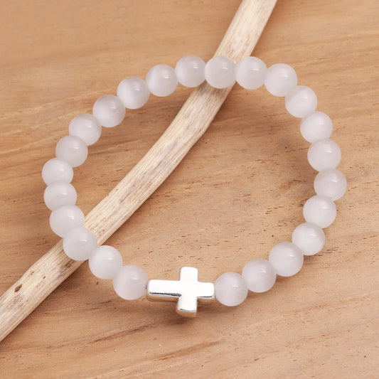 Faith in White Cross Pendant Beaded Quartz Stretch Bracelet