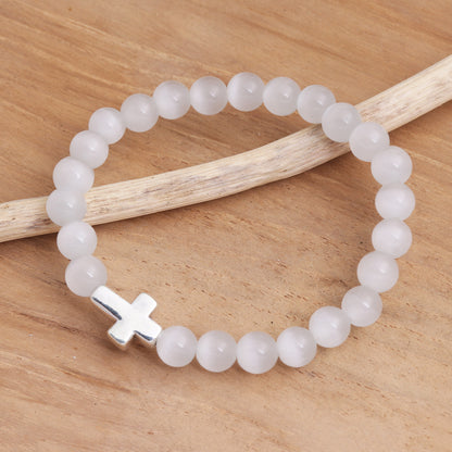 Faith in White Cross Pendant Beaded Quartz Stretch Bracelet
