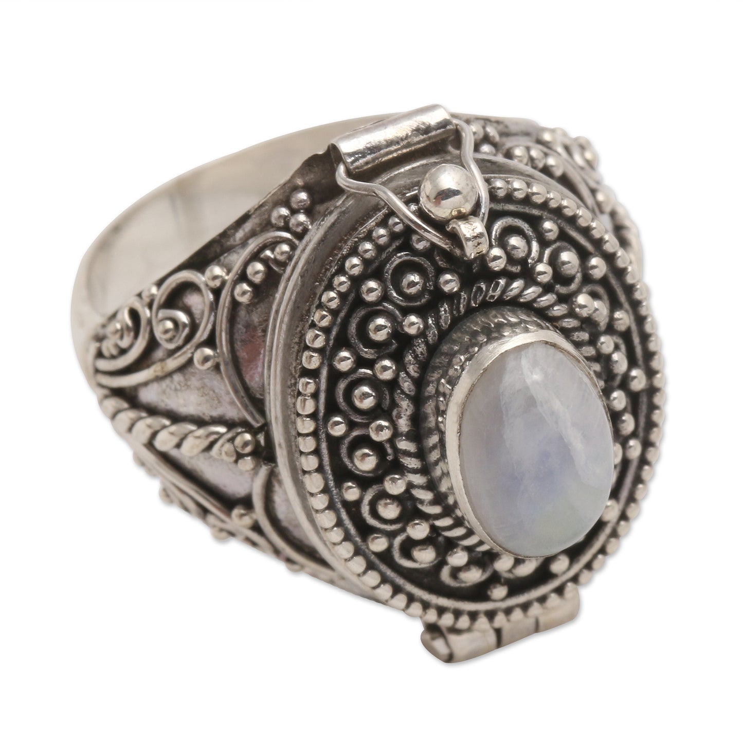 The Secret in White Rainbow Moonstone Locket Sterling Silver Cocktail Ring