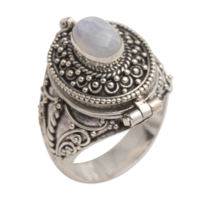 The Secret in White Rainbow Moonstone Locket Sterling Silver Cocktail Ring