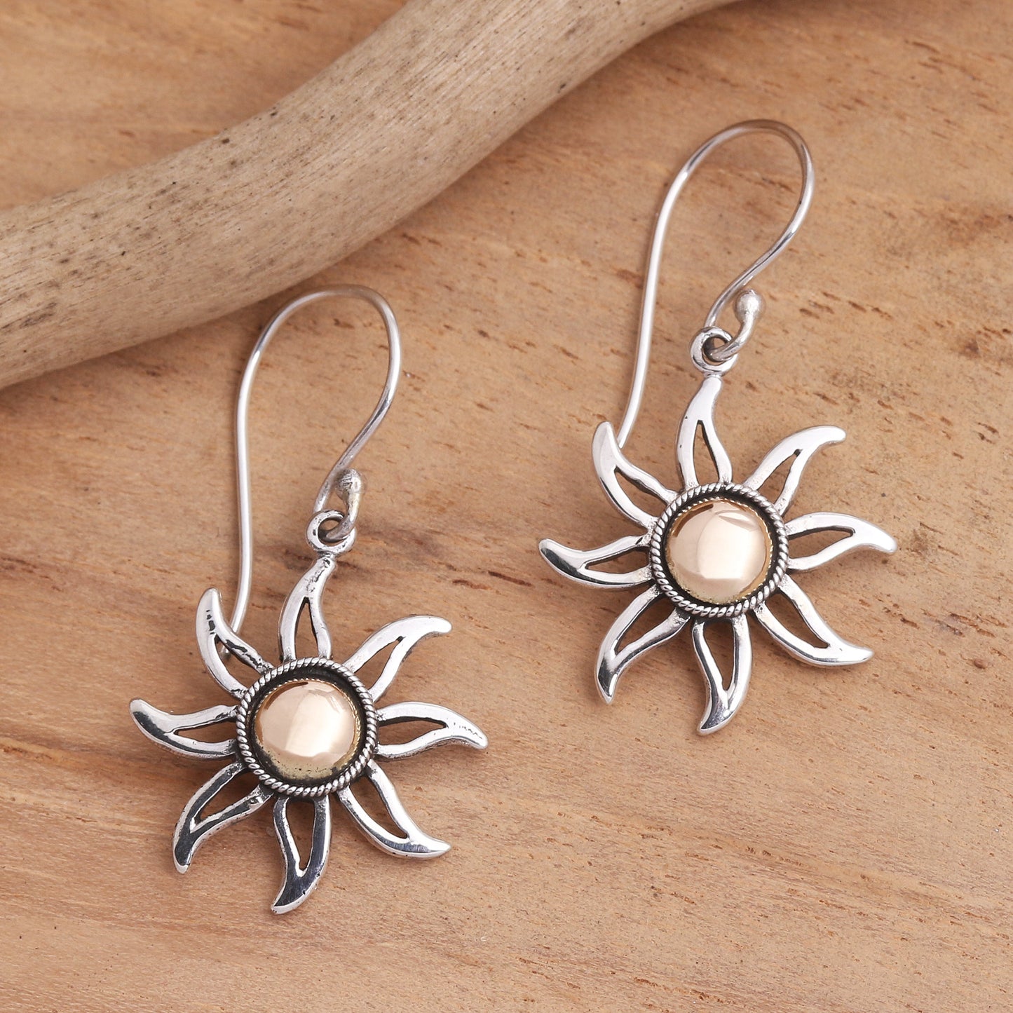 Celuk Sun Sunburst Sterling Silver Earrings with Gold Plated Accent