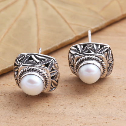 Leaves of Bamboo in White Cultured Pearl and Sterling Silver Button Earrings