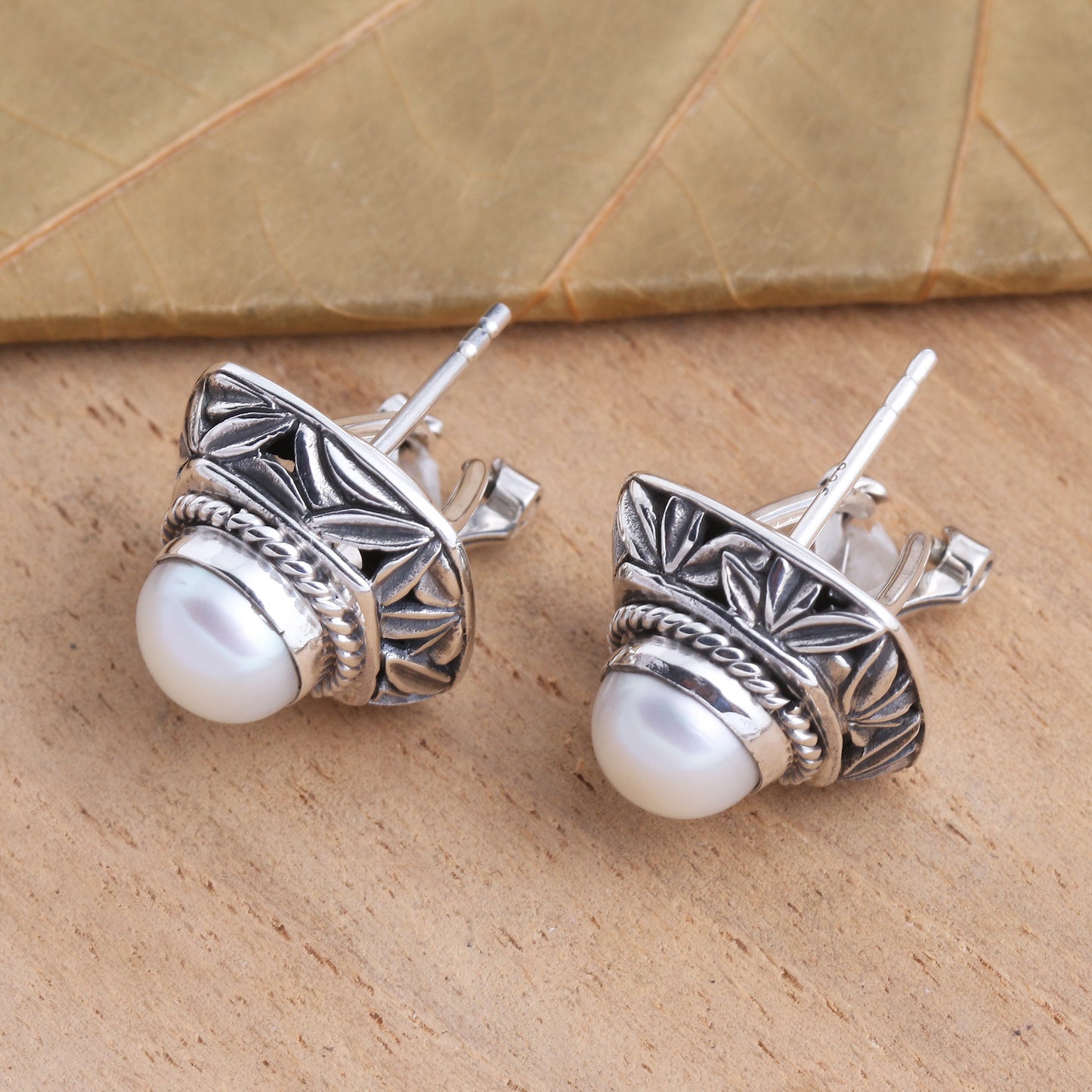 Leaves of Bamboo in White Cultured Pearl and Sterling Silver Button Earrings