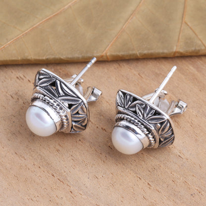 Leaves of Bamboo in White Cultured Pearl and Sterling Silver Button Earrings