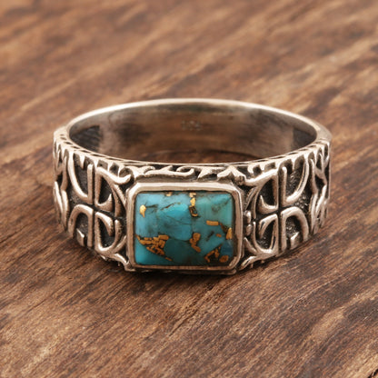 Mysterious Glyph Sterling Silver Men's Ring with Composite Turquoise